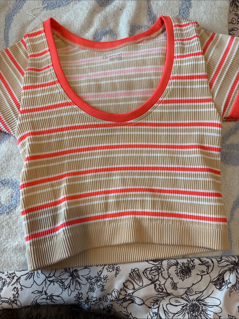 aerie Ribbed Crop Tee in Tan with Coral and White Stripes